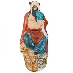 Vintage Shiwan Style Chinese Pottery Joyful Elder with Leaf Hand‑Painted